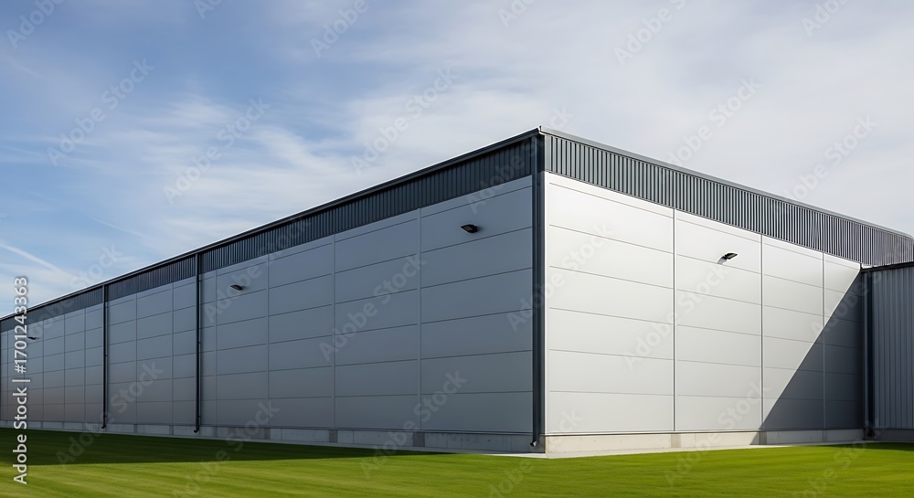 Obraz premium Modern industrial warehouse building with a vast grey facade