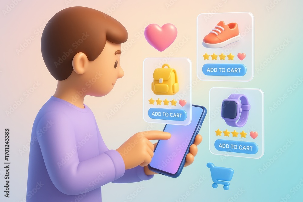 Young consumer browsing social commerce on smartphone with floating shopping icons and product cards over clean pastel background for mobile ecommerce Young consumer browsing social commerce on smartphone with floating shopping icons and product cards over clean pastel background for mobile ecommerce