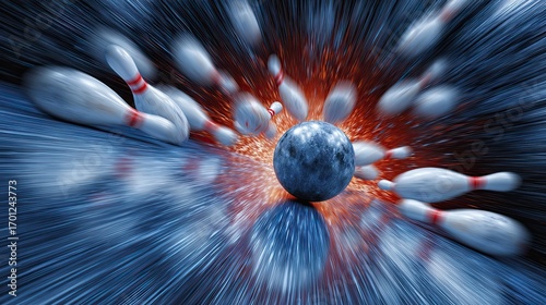 A dynamic bowling scene featuring a bowling ball heading toward pins, with a cosmic background creating a sense of speed and energy.