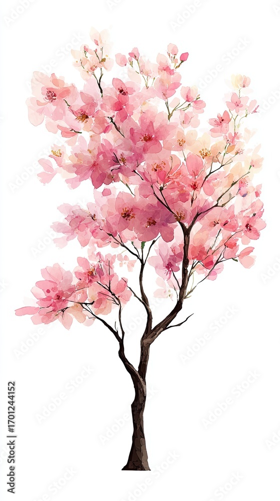 Obraz premium A delicate pink blossom tree illustrated in a watercolor style, capturing the beauty of spring and the gentle nature of floral art.