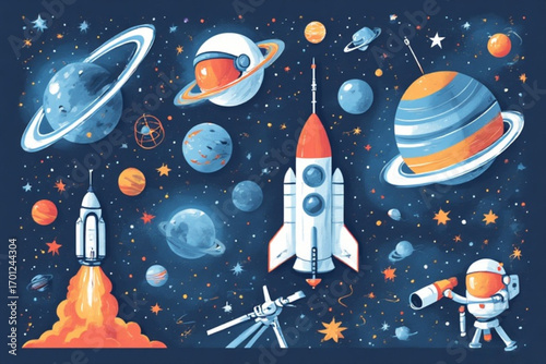 Cartoonish space illustration featuring planets, rockets, astronauts, and satellites against a dark starry background.