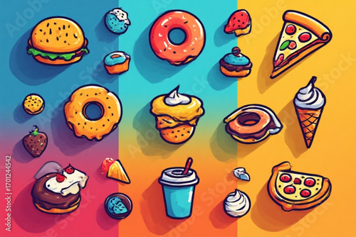 Colorful illustration of various sweet and savory food items, arranged in a playful composition.