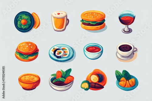 A collection of various food and drink illustrations, presented on a light gray background.