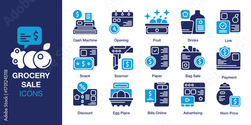 Grocery Sale icon set. Containing purchase, shop, buy, retail, fresh, and more. Solid vector icons collection. Vector illustration.
