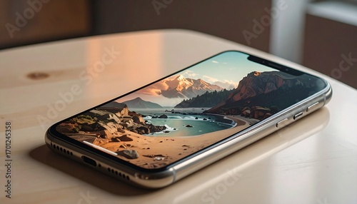 Modern smartphone with a scenic landscape wallpaper displayed on its screen, resting on a light wooden table.