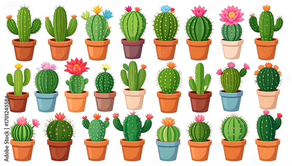 Fototapeta premium Collection of various cactus plants in decorative terracotta and colorful pots, perfect for a gardening or home decor theme.