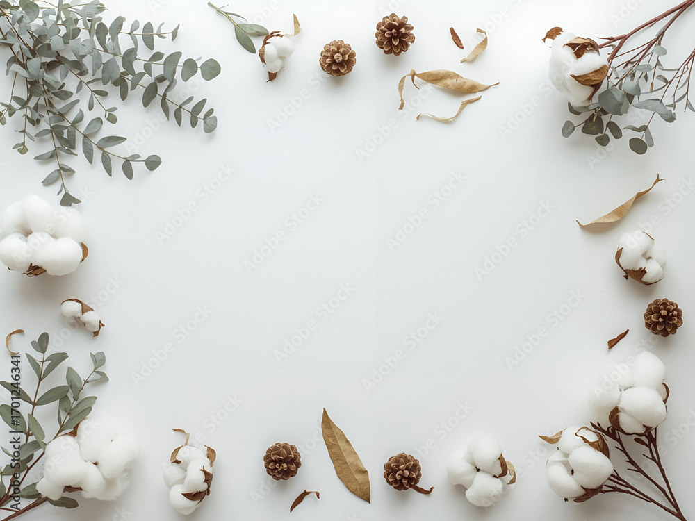 Obraz premium Minimalist frame of cotton flowers, eucalyptus leaves, and pine cones on white background.
