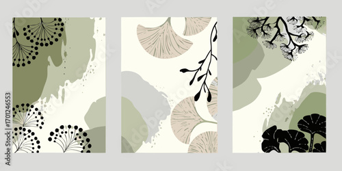 Abstract botanical art with organic shapes and delicate floral elements in muted earth tones