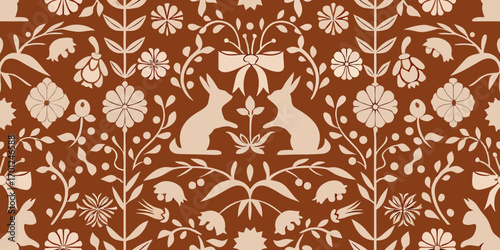 Charming folk art style seamless pattern featuring stylized rabbits and floral motifs in earthy tones