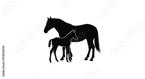 a silhouette of horse and foal standing close together