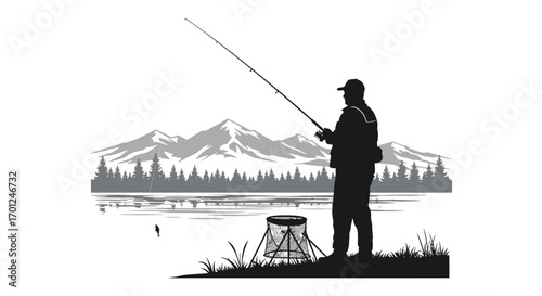 a lone fisherman casting line near tranquil lake surrounded by mountains
