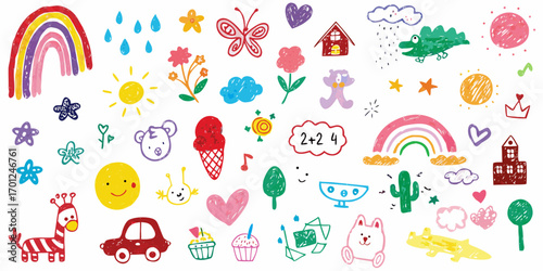 Collection of colorful hand drawn doodles for children including rainbows animals sun clouds and sweet treats