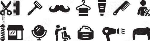barber, shop, hair, styling, salon, scissors, comb, razor, mustache, hanger, towel, cream, tube, hairdryer, person, cutting, mirror, chair, pole, icon, symbol, graphic, design, vector, black, white