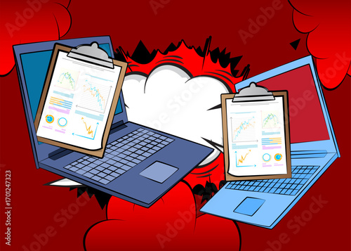 Cartoon Laptop, comic book Notebook with business report. Retro vector comics pop art design.