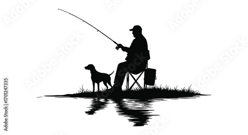 a man fishing by lake with loyal dog beside him