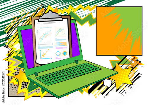 Cartoon Laptop, comic book Notebook with business report. Retro vector comics pop art design.