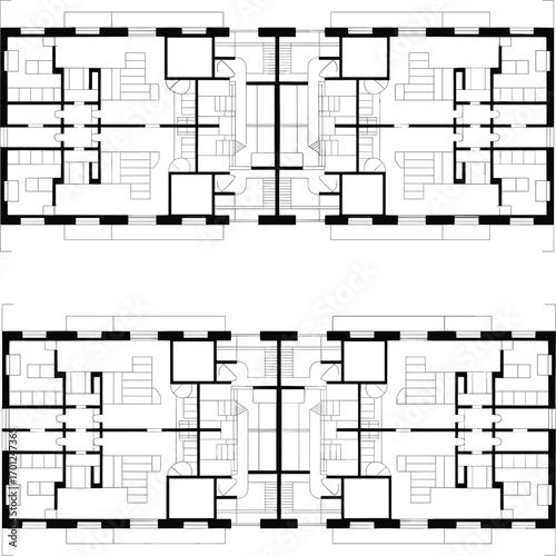 Architectural building floor plan vector, black and white blueprint layout, residential apartment design drawing, detailed construction schematic for real estate