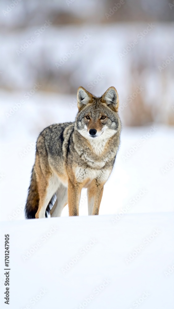 Fototapeta premium A captivating coyote stands poised in a snowy landscape, its gaze directed towards the viewer.