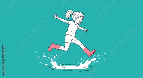 Carefree girl in rain boots joyfully jumping and splashing in a water puddle