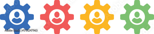 gear, cog, icon, person, symbol, user, profile, avatar, blue, red, yellow, green, teamwork, connection, collaboration, network, system, mechanism, organization, group, community, people, human, indivi