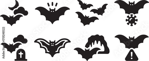 bat, halloween, spooky, night, moon, clouds, flying, swarm, virus, coronavirus, tombstone, grave, danger, warning, icon, symbol, silhouette, black, white, scary, creature, animal, insect, monster, cre