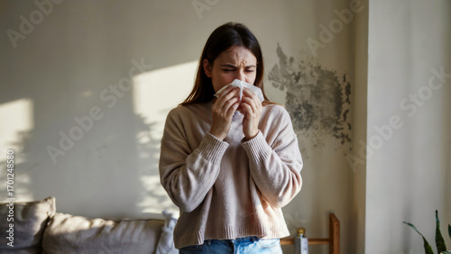 Woman in gray sweater wiping nose in living room with moldy wall, concept of unsafe rental property