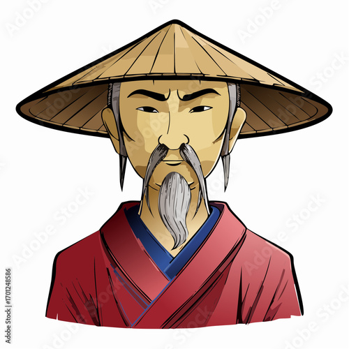 stoic samurai elder ink-style vector illustration for cultural and martial arts branding
