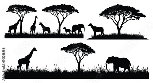 african savanna scene with giraffes elephants and acacia trees