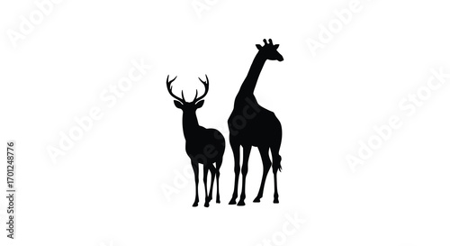 a giraffe and deer standing side by side in silhouette