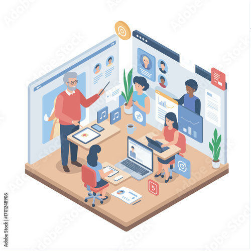 Professor teaching a virtual class in a blended learning environment with online students and modern technology in an isometric concept