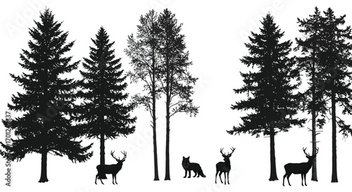 forest scene with deer among tall trees and shadows