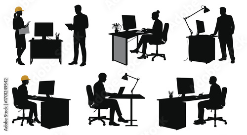 office workers engaged in various tasks at desks