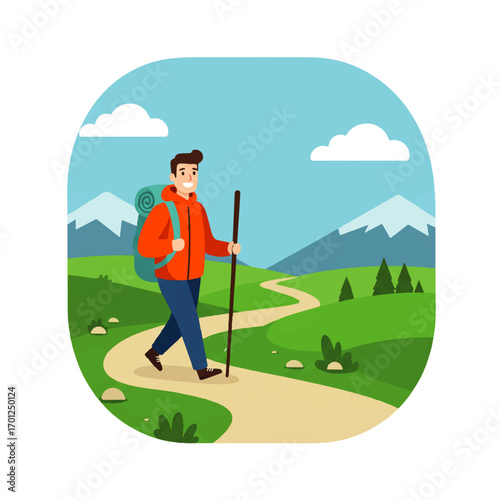 A smiling male hiker with a backpack and walking stick walks along a winding path in a mountainous landscape under a blue sky.