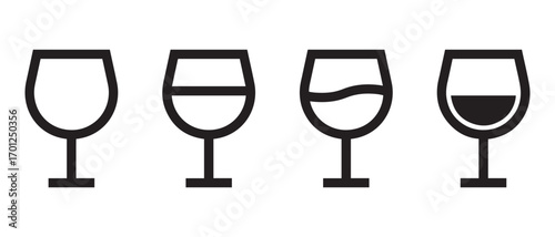 wine glasses icon set. with different levels of wine isolated on white background.