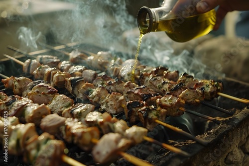 The smoke from the meat on sticks being grilled is visible as it adds to the inviting aroma of delicious food at an outdoor barbecue party.