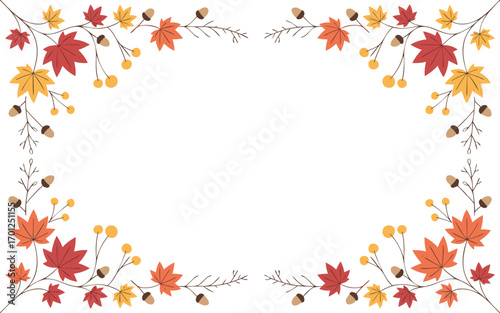 Autumnal frame isolated on white background featuring colorful maple leaves, acorns, and berries, perfect for fallthemed designs and invitations