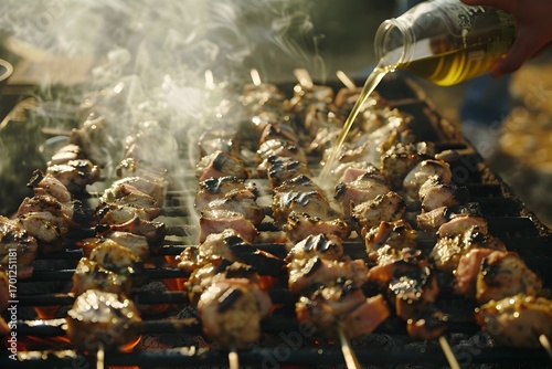 The smoke from the meat on sticks being grilled is visible as it adds to the inviting aroma of delicious food at an outdoor barbecue party.