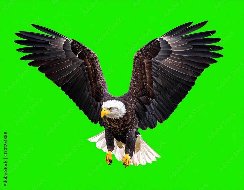 Fototapeta premium A majestic bald eagle with wings spread wide, captured in mid-flight against a vibrant green screen background for easy isolation.