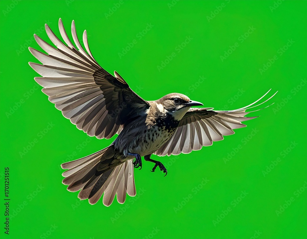 Obraz premium A detailed brown and grey songbird with its wings fully spread in mid-flight against a solid, vibrant green background.