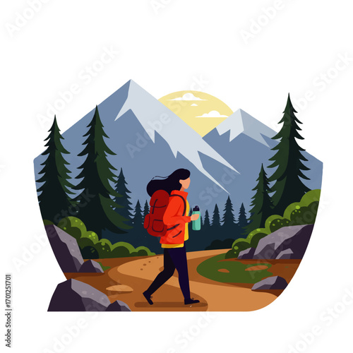 A woman with a backpack hikes along a trail in a mountain landscape with trees and a rising sun.