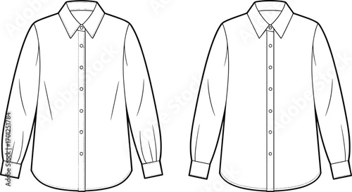 CAD drawing flat vector illustration of women shirt fashion design, front view technical sketch, long sleeve blouse, garment template