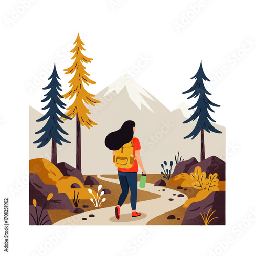 A woman with a backpack hikes on a trail in a mountainous landscape with trees, rocks, and a snow-capped mountain in the background.