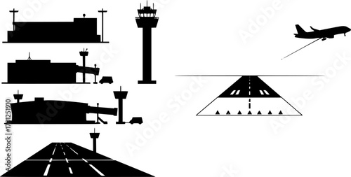 Airport with plane and facilities silhouette vector, transportation concept illustration for background.
