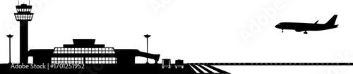 Airport with plane and facilities silhouette vector, transportation concept illustration for background.
