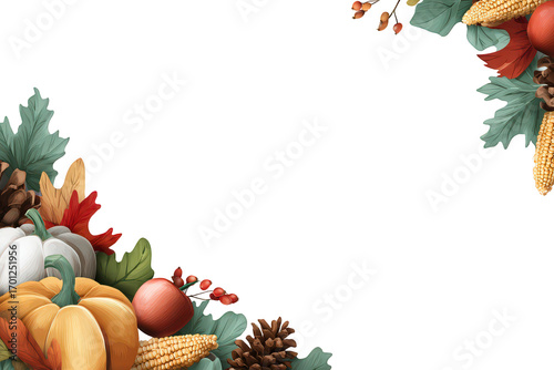 Colorful and vibrant image of fall foliage and vegetables, including pumpkins