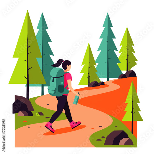 Woman with a backpack hikes along a winding trail through a forest, holding a water bottle.