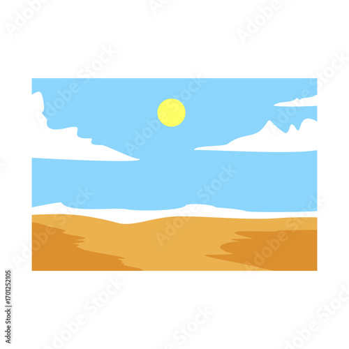Simple illustration of a sunny desert landscape with rolling sand dunes under a blue sky with fluffy white clouds.