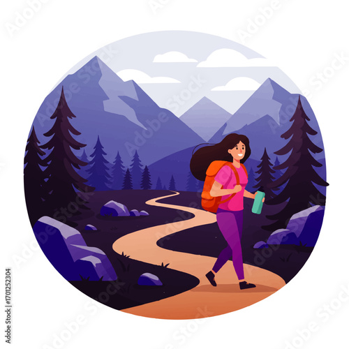 A woman with a backpack hikes along a winding path through a mountainous landscape with pine trees and rocks.