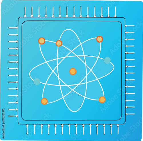 A stylized atom symbol with orbiting electrons inside a square microchip outline on a blue background EPS vector file download