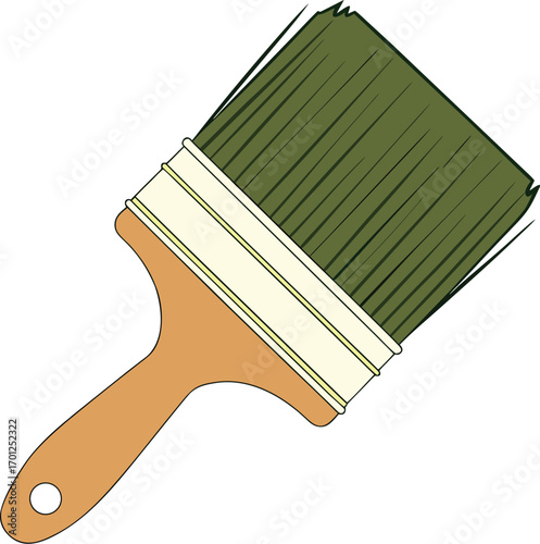 A tilted paint brush with green bristles a cream ferrule and a light brown handle EPS vector file download